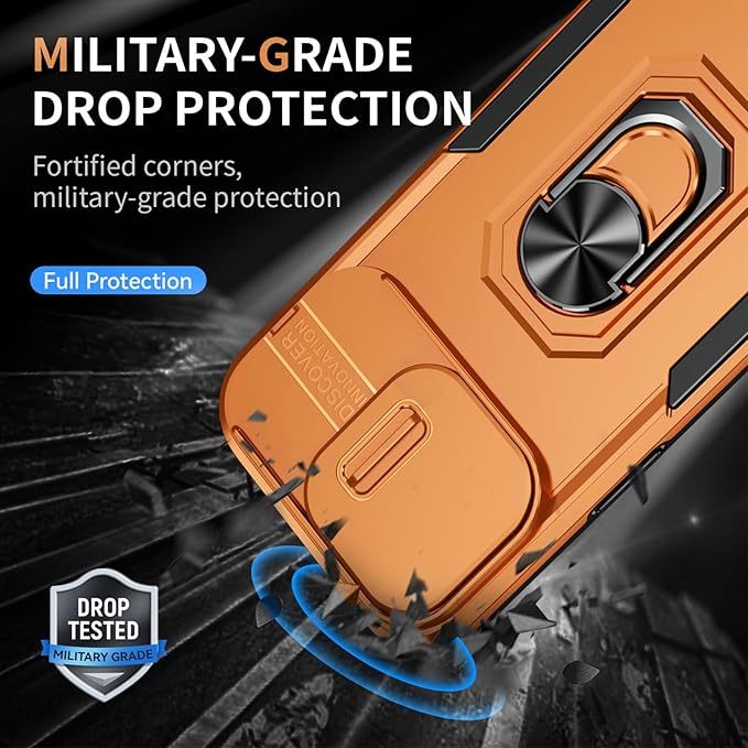 Phone Case for iPhone 14 Pro Max Case iPhone 14 Pro Max Phone Case with Camera Lens Cover, with Ring Holder Kickstand, fit Magnetic Car Mount, for iPhone 14 Pro Max - Orange