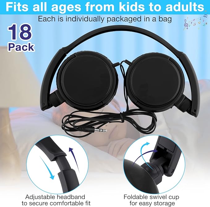 Yunsailing 18 Pack Classroom Headphones Bulk Student Wired Class Headphones Set for Kids School with Individually Wrapped Adjustable Over Ear Head Earbuds(Black)