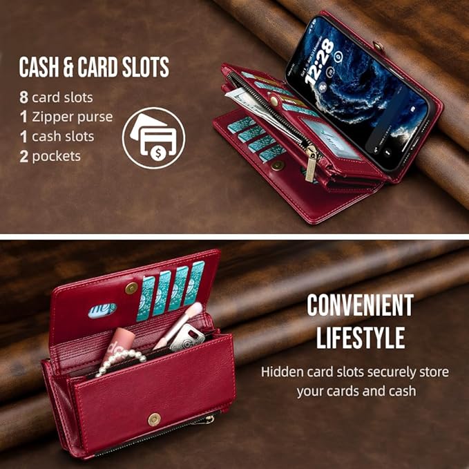 for iPhone Air Wallet Phone Case with 8 Card Holder,RFID Blocking | PU Leather | Kickstand | Flip | Wrist Strap&Shoulder Strap | Shockproof | Zipper Wallet | Women Men | 6.5" | Red