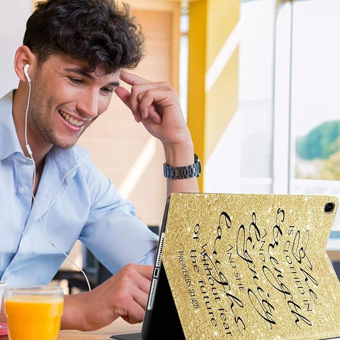 Case for Samsung Galaxy Tab A9+ 11’2023 Model (SM-X210/X216/X218)，Slim Fit Foldable Standing Cover Case with Auto Sleep/Wake，Proverbs 31-25 Bible Verse Gold Sparkles Glitter