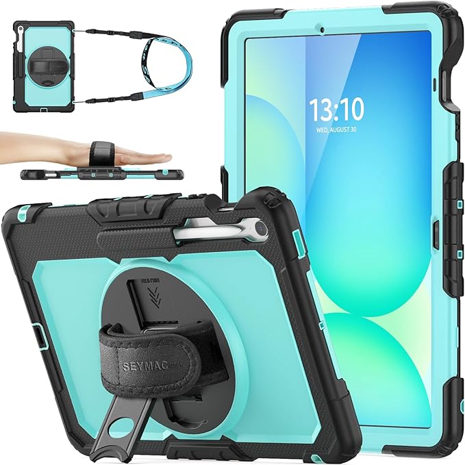 SEYMAC stock Case for Samsung Galaxy Tab S10 FE+ Plus 5G Tablet Case 13.1'' Protective with Screen Protector, Pencil Holder, 360 Rotating Stand, Hand Strap, Shoulder Strap, SkyBlue1