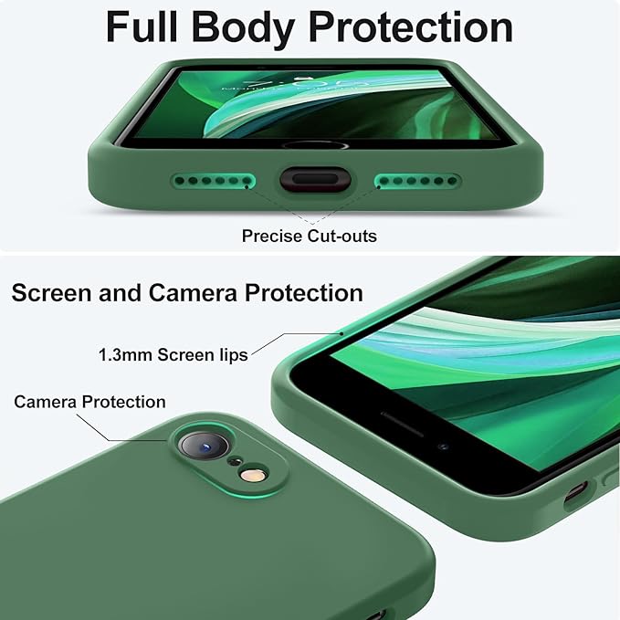 Vooii for iPhone SE Case 2022/3rd/2020,iPhone 8/7 Case, Upgraded Liquid Silicone with [Flat Edges] [Camera Protection] [Soft Anti-Scratch Microfiber Lining] Phone Case for iPhone SE - Green
