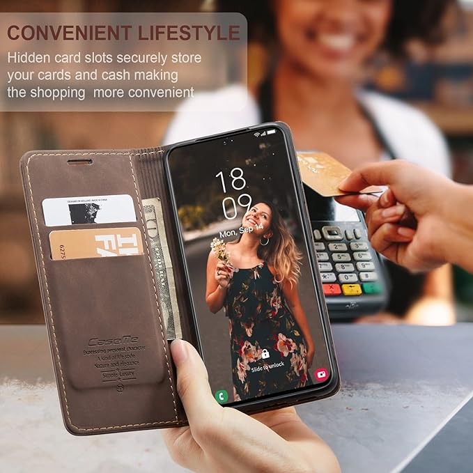 for Samsung Galaxy S21 FE Case, Flip Wallet Leather Case with Card Holder Magnetic Closure Shockproof Kickstand Protective Phone Cases Cover for Samsung S21 FE,Coffee