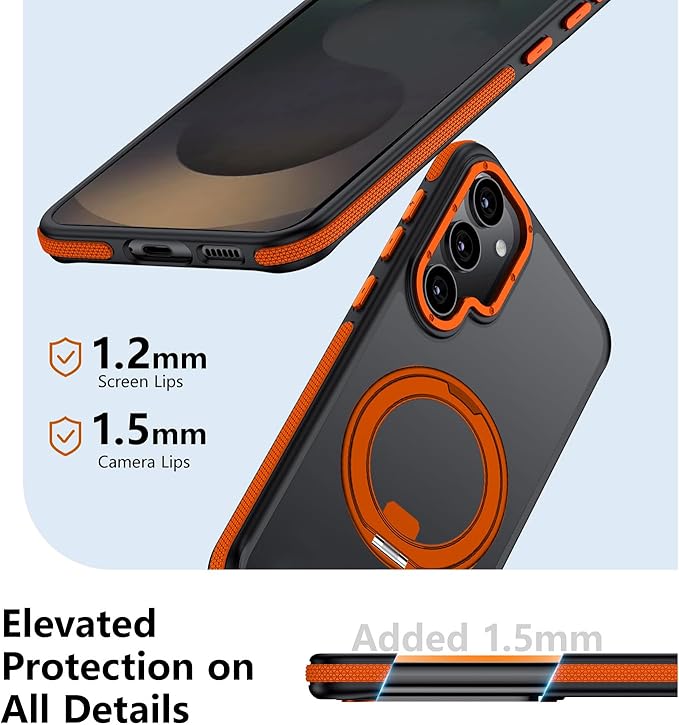 360°Spin Magnetic Stand for Samsung Galaxy S25 Case, [Compatible with Magsafe] Military Grade Drop Protection, Matte Hard Slim S25 Phone Case with Kickstand & Ring Holder (Orange)