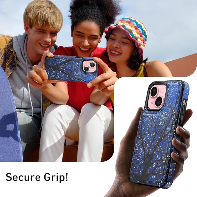 FUNMIKO for iPhone 15 Plus Wallet Case with Card Holder, RFID-Blocking, Military-Grade Protection & UV-Printed Artwork, Magnetic Closure with Leather Kickstand - Dreamy Wishing Tree