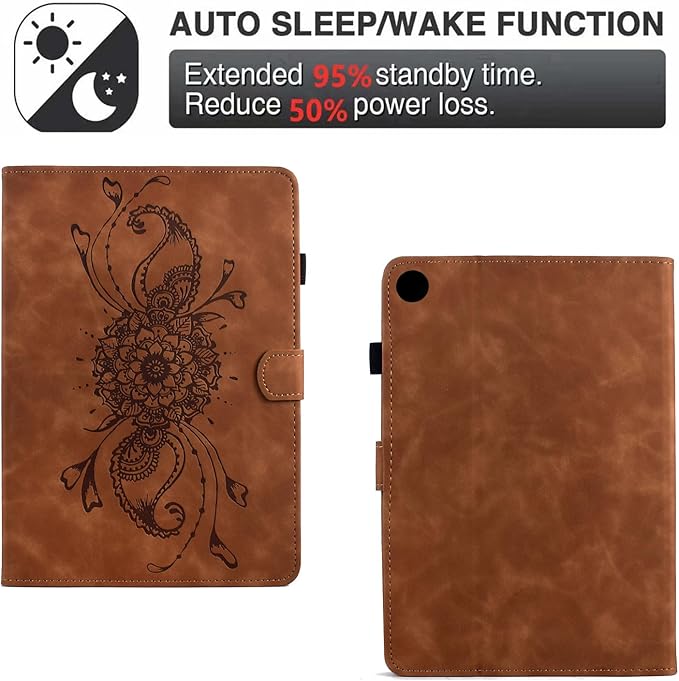 Mandala Flower Case for Galaxy Tab A9+ Plus 11 Inch 2024 2023 (SM-X210/X216/X218), for Galaxy Tab A9+ Plus Case, Cute Elegant Embossed Suede Leather Folio Stand Cover with Auto Wake/Sleep, Brown