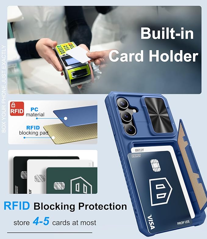 for Samsung Galaxy S25 FE Case Wallet with Card Holder (4-5 Cards), Slide Camera Cover, Military Grade Drop Shockproof, Heavy Duty Rugged Women Men Phone Case for Galaxy S25 FE 6.7" 2025, Blue