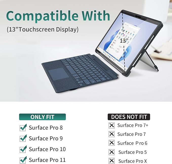 Case fit Microsoft Surface Pro 11/10/9/8 13-Inch, with Stent Cover, Hand Strap, All-in-one Rugged Case Compatible with Type Cover Keyboards, Cyan