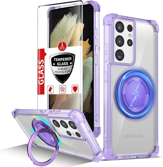 for Samsung Galaxy S21 Ultra Case Compatible with MagSafe Magnetic,with Screen Protector,with Kickstand Ring Military Grade Drop Heavy Duty Protection Shockproof for S21Ultra Phone Case Purple