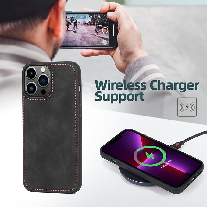 TwoHead for iPhone 13 Pro Wallet Case with Card Holder,Detachable Magnetic 13 Pro Phone Case, PU Leather Shockproof Protective Cover Wallet for Women/Men,with Wrist Strap(Dream Black)