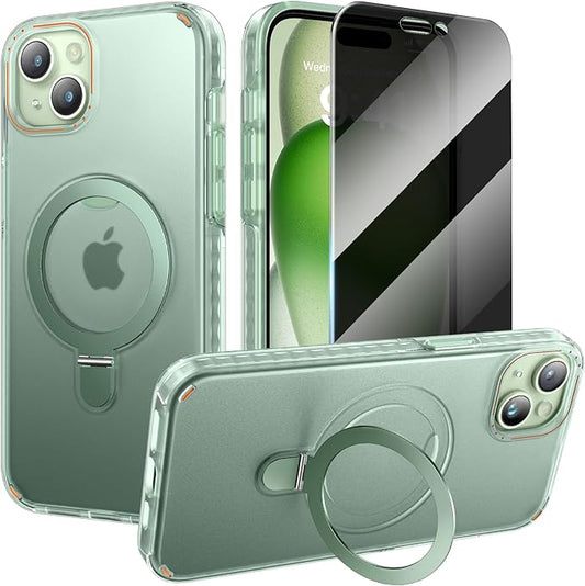 Diaclara Designed for iPhone 15 Case with Stand, [with Privacy Screen Protector] [Anti Spy] [Military Grade Drop Protection] Heavy Duty Full-Body Shockproof Phone Case, Clear