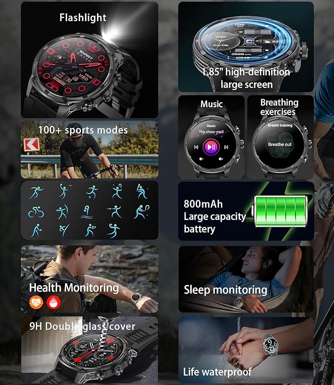 Smart Watches for Men (Bluetooth Call), 1.85" Extra Large Screen Smartwatch with LED Flashlight, 800mAh Extra-Long Battery, 100+ Sports Fitness Tracker Watch with Sleep for Android iOS