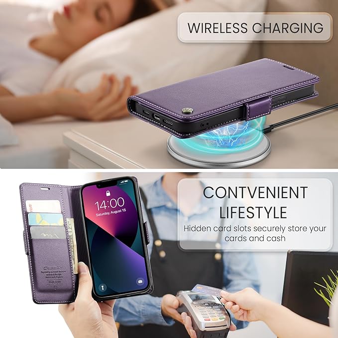 for iPhone 13 Case, Premium PU Leather Wallet Case Flip Cover with [RFID Blocking][Card Holder][Stand Function] Shockproof Protective for iPhone 13 6.1 inch, Purple