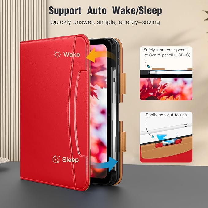 MoKo for iPad (A16) 11th Generation Case 11 inch 2025, iPad 10th Generation Case 10.9" 2022 with Pencil Holder & Pocket, Premium Leather Folio Stand Cover, Multiple Viewing Angles, Water Red