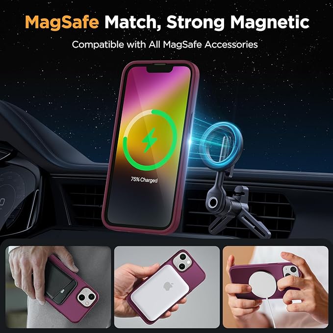 Miracase Magnetic for iPhone 14 Case 6.1 inch (Compatible with MagSafe)（with 2X Screen Protectors） Military-Grade Protection, Anti-Fingerprint Translucent Matte Phone Case Cover, Wine Red