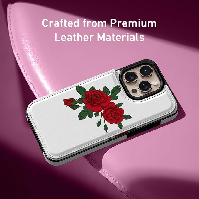 FUNMIKO for iPhone 16 Pro Max Wallet Case with Card Holder, RFID-Blocking, Military-Grade Protection & UV-Printed Artwork, Magnetic Closure with Leather Kickstand - Blooming Red Rose