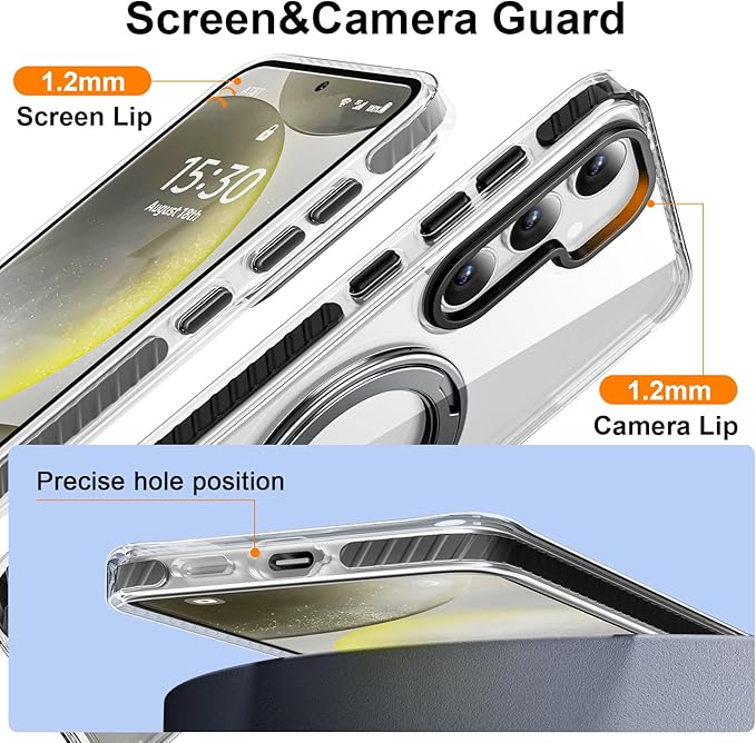 for Samsung Galaxy S24+ (Plus) Case,Compatible with Magsafe with 360°Rotatable Magnetic Ring Stand [Wireless Charging], Clear Slim Soft Edge Phone Kickstand,Clear & Black