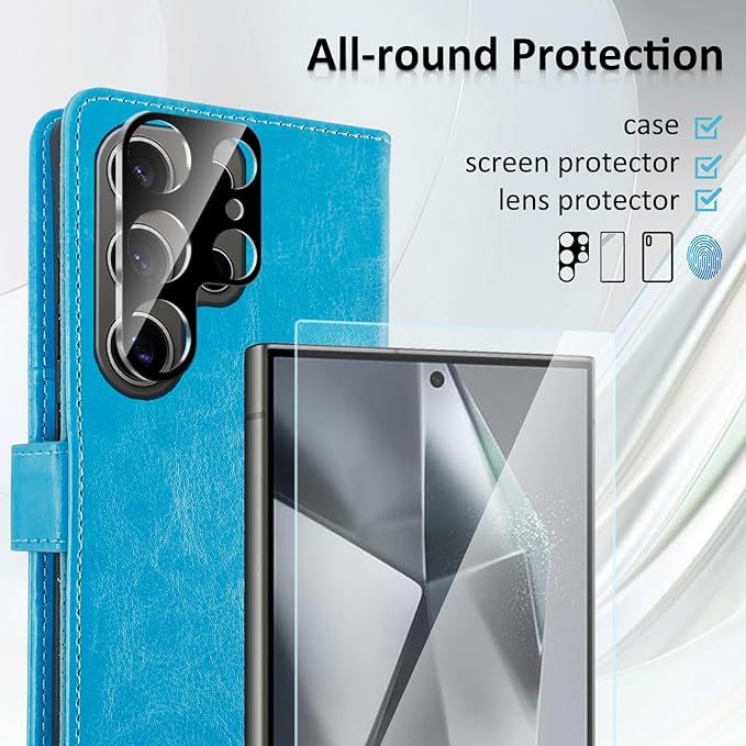 MONASAY Wallet Case Fit for Samsung Galaxy S24 Ultra 5G，[Lens & Glass Screen Protector] [RFID Blocking] Flip Folio Leather Cell Phone Cover with Credit Card Holder, 6.8 inch, Light Blue