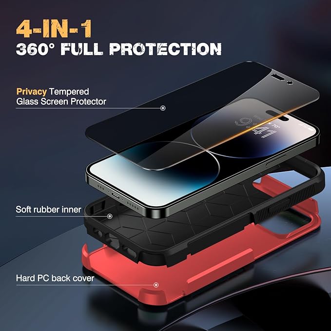 Diaclara Designed for iPhone 14 Pro Max Case, [with Privacy Screen Protector] [Anti Spy] [Military Grade Drop Protection] Heavy Duty Full-Body Shockproof Phone Case, Red