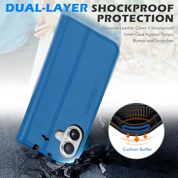 SHIELDON Wallet Case for iPhone 16 2024, Genuine Leather Folio Case with Kickstand, RFID Blocking Card Slots, Magnetic Shockproof Cover, Compatible with iPhone 16 5G 6.1" - Nappa Sapphire Blue