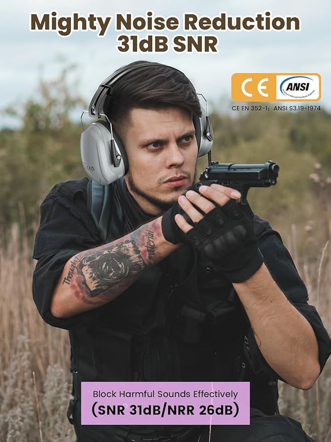 Dr.meter Hearing Protection Earmuffs, 31dB Noise Reduction Safety Ear Muffs with Adjustable Headband for Adults Kids Autism Sensory, Ear Muff for Yard Work, Mowing or Hunting -Grey