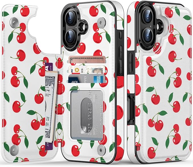 FUNMIKO for iPhone 16 Plus Wallet Case with Card Holder, RFID-Blocking, Military-Grade Protection & UV-Printed Artwork, Magnetic Closure with Leather Kickstand - Juicy Cherries