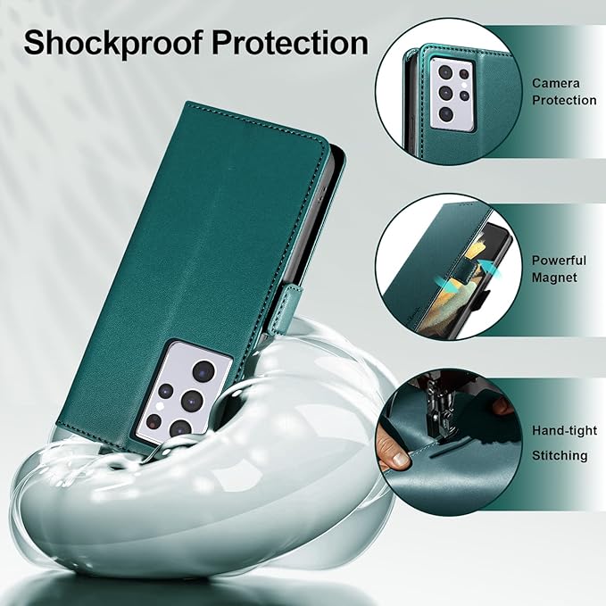 Wallet Flip Case for Samsung Galaxy S21 Ultra 5G - [RFID Blocking] Luxury PU Leather Card Holder Magnetic Phone Cover with Kickstand,Shockproof Protective Case,Green