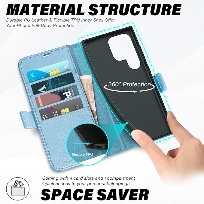 TUCCH Case Wallet for Galaxy S25 Ultra 5G, Magnetic PU Leather Kickstand [RFID Blocking] Card Slot Flip Cover with [TPU Shockproof Interior Case] Compatible with Galaxy S25 Ultra, Pearly Light Blue