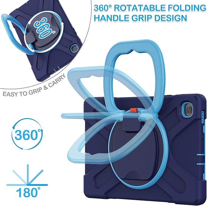 BATYUE Case for Samsung Galaxy Tab S6 Lite 10.4 Inch 2024/2022/2020 (SM-P610/P613/P615/P619/P620), Protective Case with Shoulder Strap, 360° Swivel Stand, Shockproof Drop; for Kids - Navy Blue