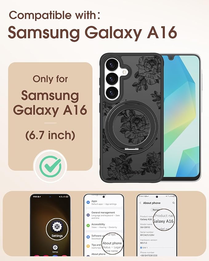 for Samsung Galaxy A16 4G/5G Case with 360° Rotatable Magnetic Ring - Semi-Transparent Anti-Fingerprint Soft-Touch Material Shockproof, Cute Line Art Flower Design for Women Girl