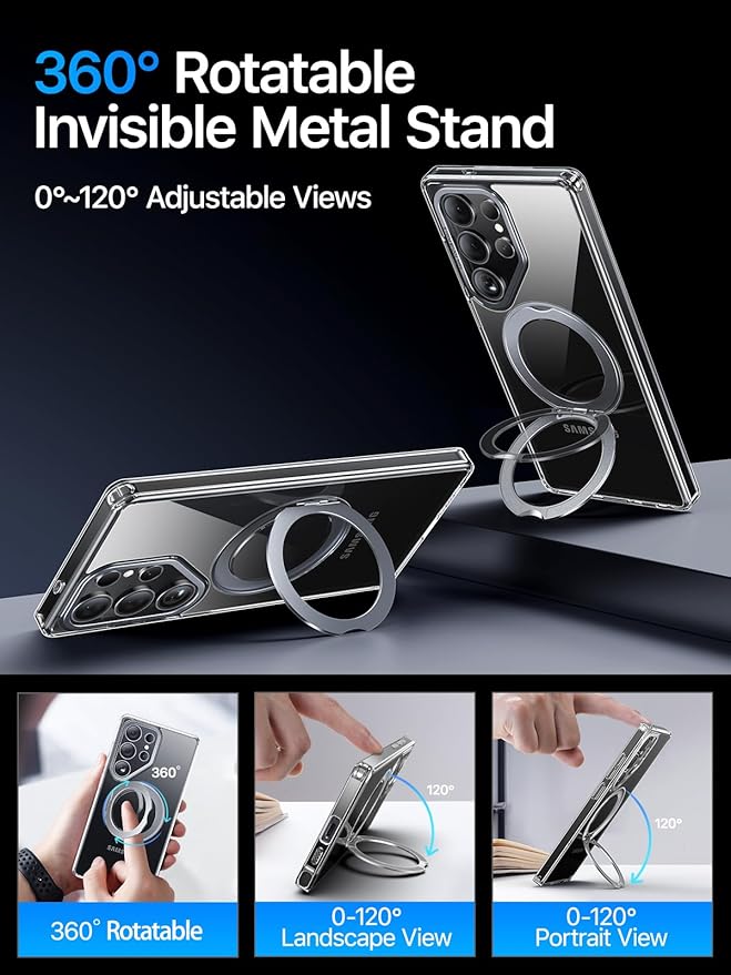 QTlier Phone case for Galaxy S25 Ultra- 360 Rotatable Magnetic Ring Stand, Military-Grade Protection, Raised Camera Frame Clear