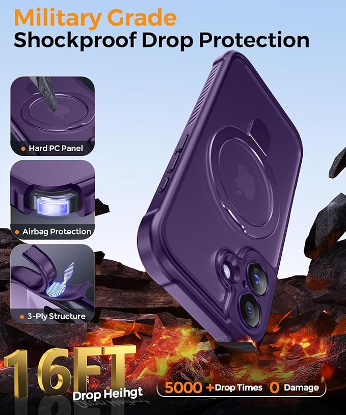MOCCA Compatible with iPhone 17 Case with Magnetic Invisible Stand [Full Camera Protection] [Compatible with Magsafe] Military Drop Shockproof Translucent Matte Phone Case Cover 6.3",Deep Purple