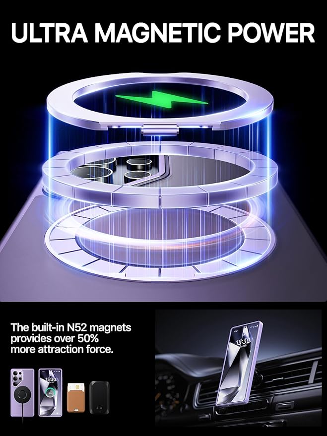 QTlier Phone case for Galaxy S25 Ultra- 360 Rotatable Magnetic Ring Stand, Military-Grade Protection, Raised Camera Frame Lilac