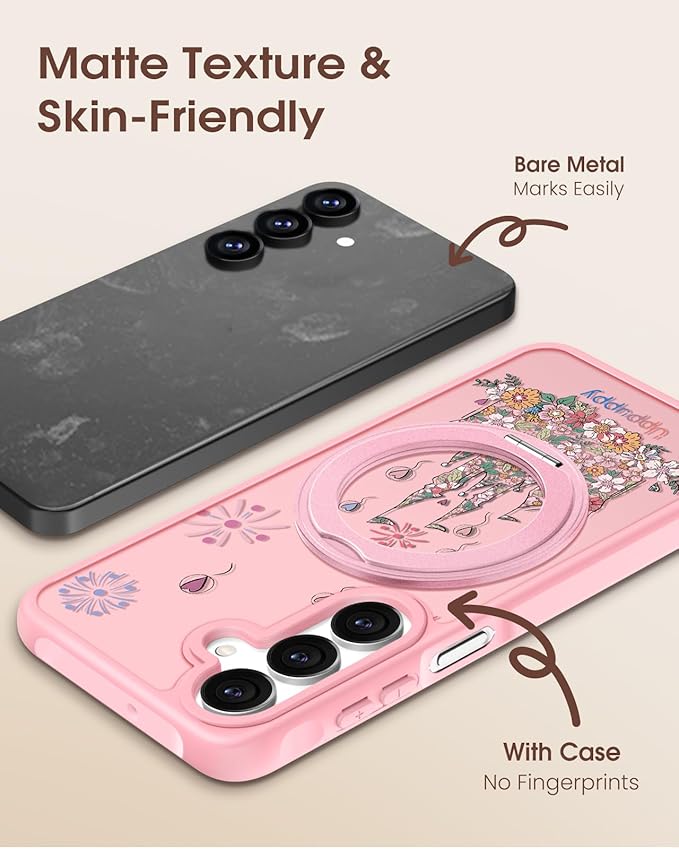 for Samsung Galaxy A16 4G/5G Case with 360° Rotatable Magnetic Ring - Semi-Transparent Anti-Fingerprint Soft-Touch Material Shockproof, Cute Pink Castle Design for Women Girl