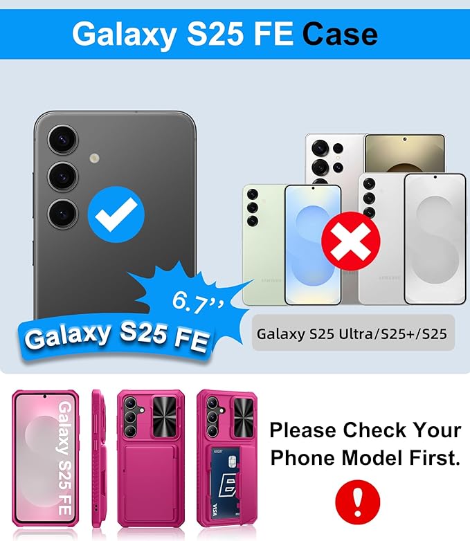 for Samsung Galaxy S25 FE Wallet Case with Card Holder (4-5 Cards), Slide Camera Cover, Military Drop Protection, Rugged Women Girly Men Protective Phone Case for Galaxy S25 FE 6.7", Hot Pink