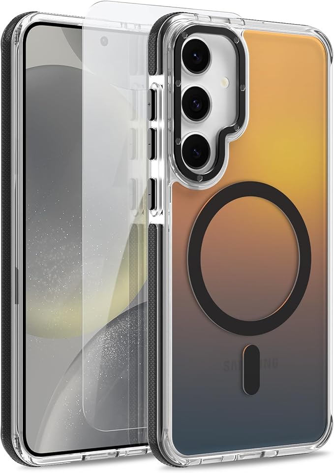 MOWIME Magnetic Case for Samsung Galaxy S24 [Compatible with Magsafe] [Cute Fashion Fluorescent Design] [1 Screen Protector] Slim Translucent Matte Case for Galaxy S24 6.2", Black