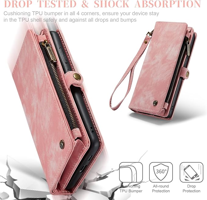 SZHAIYU 2 in 1 Detachable for Samsung Galaxy S23+ / S23 Plus Wallet Case with Card Holder, Retro Premium Flip Leather Cover Magnetic Zipper Pocket Phone Cases 6.6'' (Pink,S23+/S23 Plus)