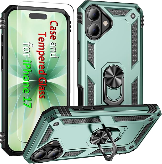 ADDIT Compatible with iPhone 17 Case with Tempered Glass Screen Protector, Adjustable Kickstand Ring, Military-Grade Heavy Duty Protection, Shockproof, Anti-Fingerprint,Teal