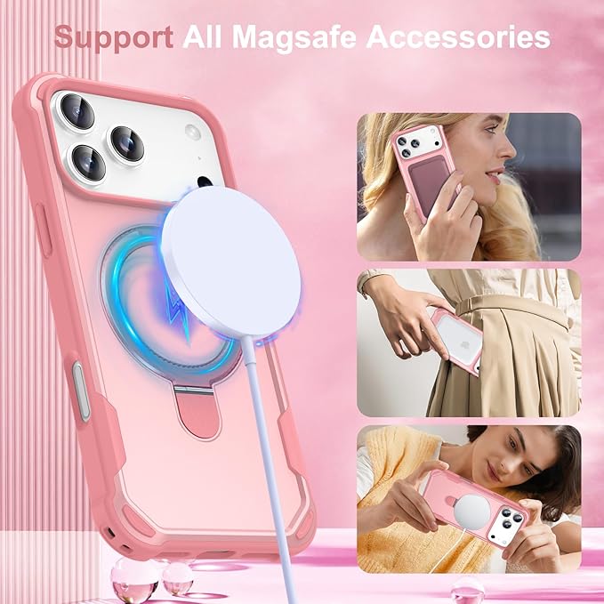 Compatible with iPhone 17 Pro Case with Invisible Magnetic Ring Stand [Compatible with Magnetic] [Military Drop Protection] Shockproof Slim Hard Back Soft Edge Case 6.3 Inch, Pink