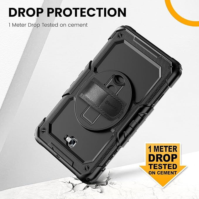 Timecity Case for Samsung Galaxy Tab A 10.1 inch 2016 Release, SM-T580 T585 T587, Heavy Duty Protection Case with Screen Protector, Stand, Hand Strap and Shoulder Strap Stylus Holder - Black