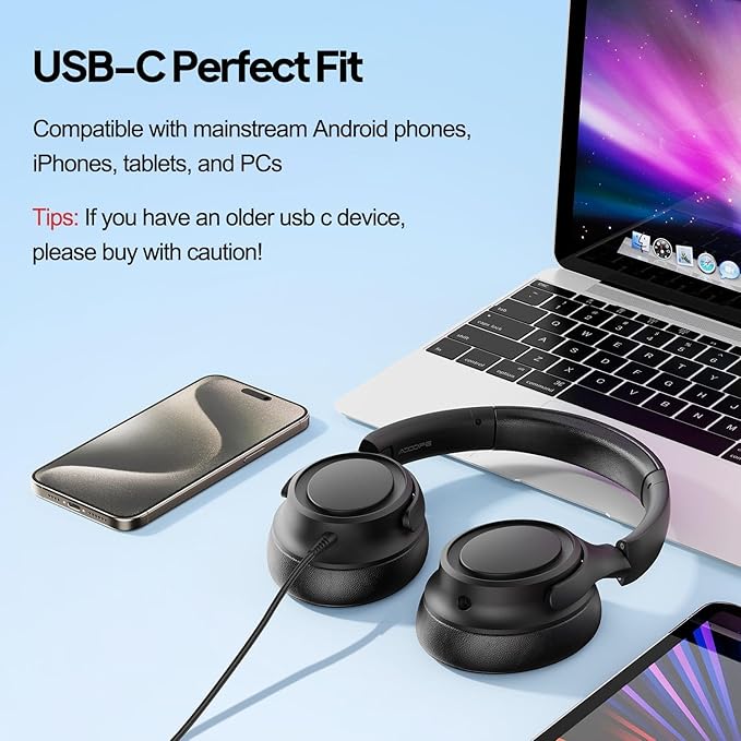 Wired Over-Ear Headphones with USB C Connector, Hi-Fi Stereo Sound, Noise-Isolating Ear Cups, Comfortable Fit for USB C Devices (with Bag, Black)
