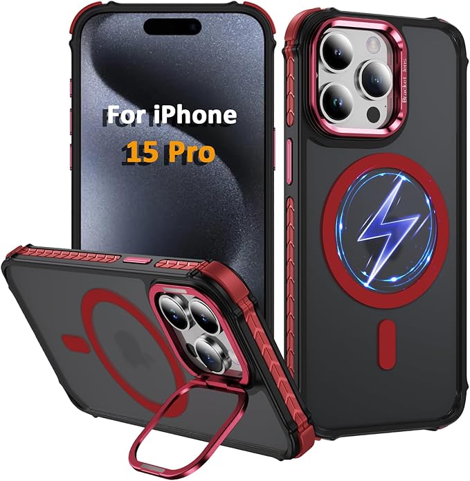 Magnetic for iPhone 15 Pro Case Red with MagSafe Wireless Charging Heavy Duty Military-Grade Shockproof Protection Adjustable Kickstand Slim Matte Anti-Fingerprint Cover Men Women
