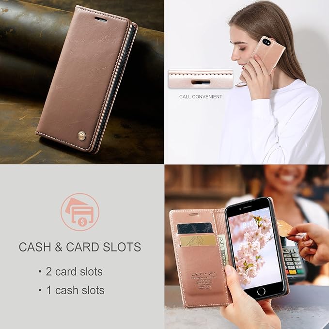 QLTYPRI Case for iPhone 16e, Vintage PU Leather Wallet Case Card Slot Kickstand Magnetic Closure Shockproof Flip Folio Cover for iPhone 16e - Rose Gold