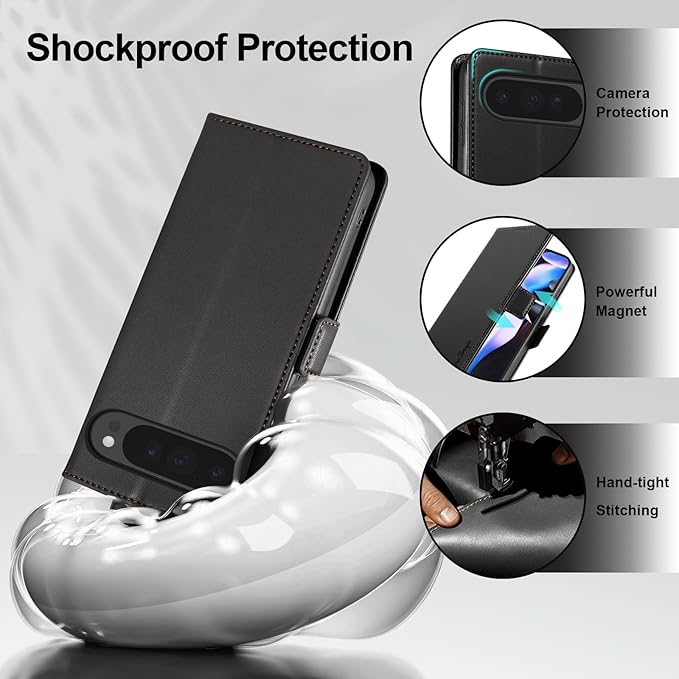 Wallet Flip Case for Google Pixel 9 Pro XL - [RFID Blocking] Luxury PU Leather Card Holder Magnetic Phone Cover with Kickstand,Shockproof Protective Case,Black