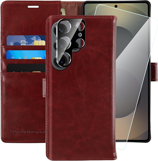 MONASAY Wallet Case Fit for Samsung Galaxy S25 Ultra 6.9 inch, [Lens & Glass Screen Protector Included] [RFID Blocking] Flip Folio Leather Cell Phone Cover with Credit Card Holder, Burgundy