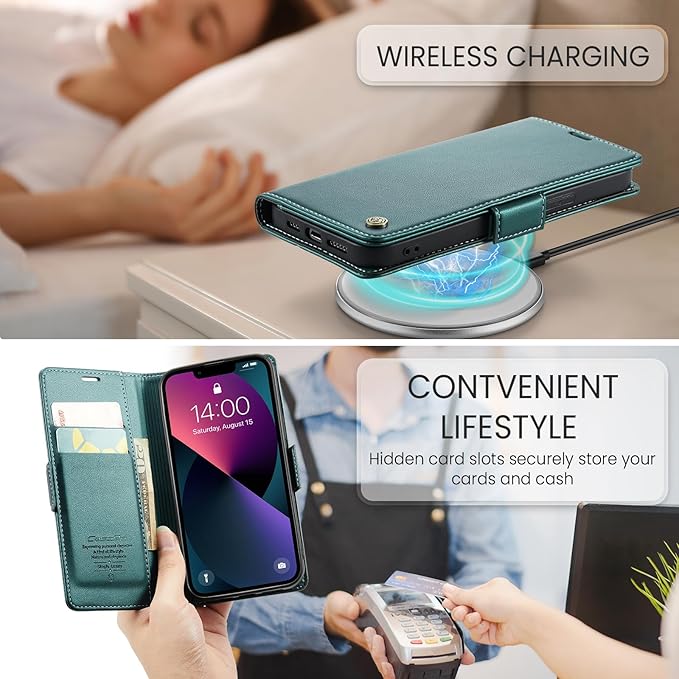 for iPhone 13 Mini Case, Premium PU Leather Wallet Case Flip Cover with [RFID Blocking][Card Holder][Stand Function] Shockproof Protective for iPhone iPhone 13 Mini 5.4 inch, Blue-Green