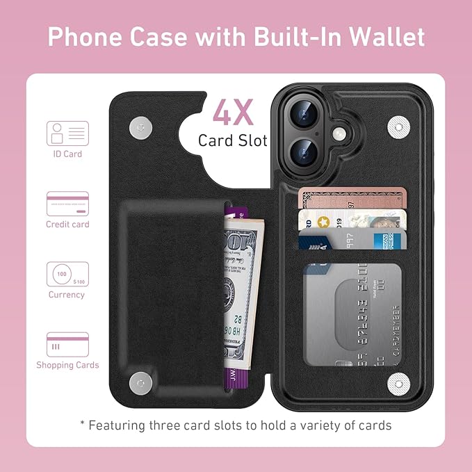 FUNMIKO for iPhone 16 Plus Wallet Case with Card Holder, RFID-Blocking, Military-Grade Protection & UV-Printed Artwork, Magnetic Closure with Leather Kickstand - Black