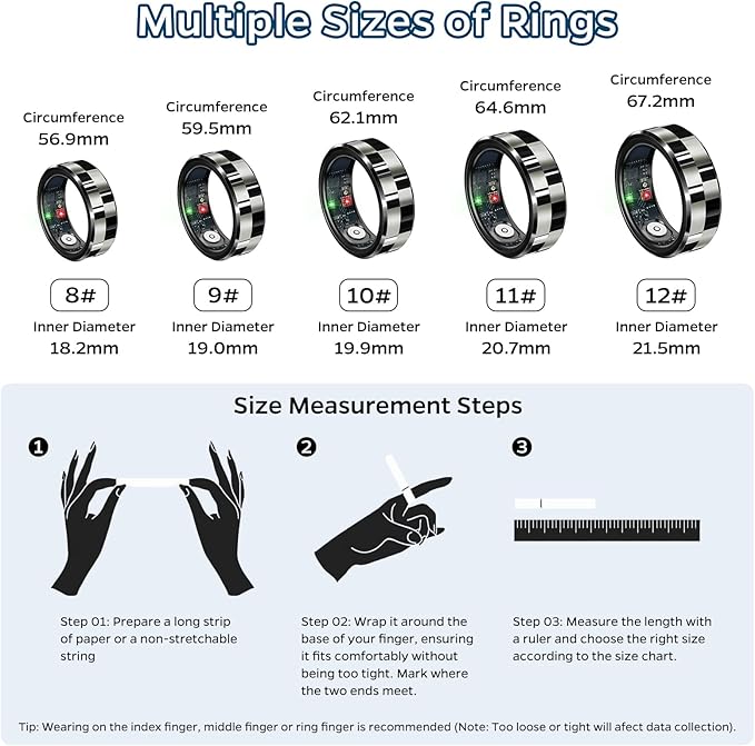 Smart Ring Health Tracker, Sleep Tracker Ring with Heart Rate, Waterproof Fitness Ring for Activity Monitoring/Steps/Distance/Calories,Air Gestures,Up to 7Day Battery,for iOS Android(Stylish Black#10)