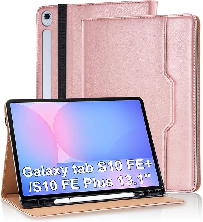 Case for Samsung Galaxy S10 Fe Plus 13.1 inch with S Pen Holder, PU Leather with Hand Strap Folio Flip Cover for Galaxy S10 FE+ with Pockets Auto Sleep/Wake for Man Woman, Rose Gold
