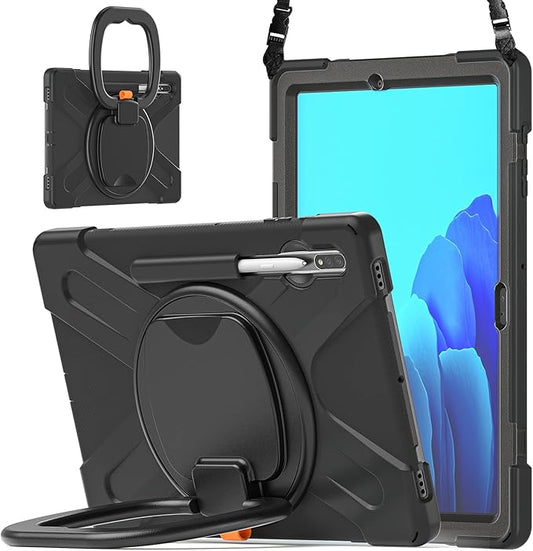 360 Rotation Portable Case for Galaxy Tab S8+/S7 FE/S7+ 12.4 Inch Case with S Pen Holder Rugged Case Rotating Stand Hand Strap Shoulder Carrying Strap Outdoor Cover (Black)
